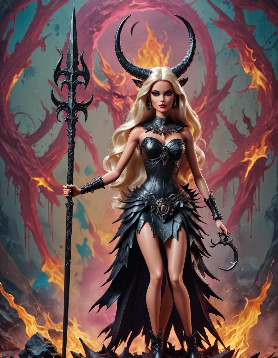 Demonic Barbie Doll with Trident in Hyperrealistic Style