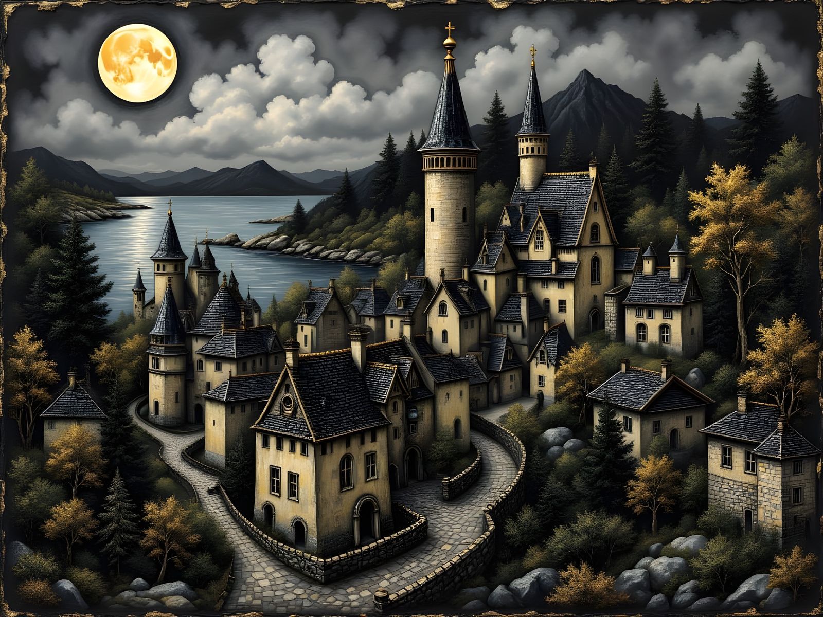 Medieval Village at Night with Gold Foil Effect