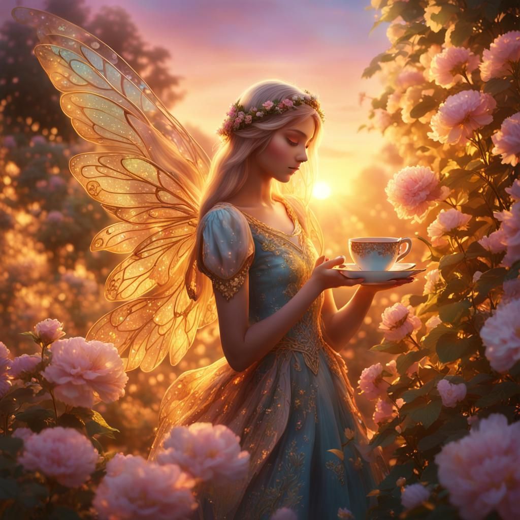 Floral Fairy with Teacup in Impressionist Style