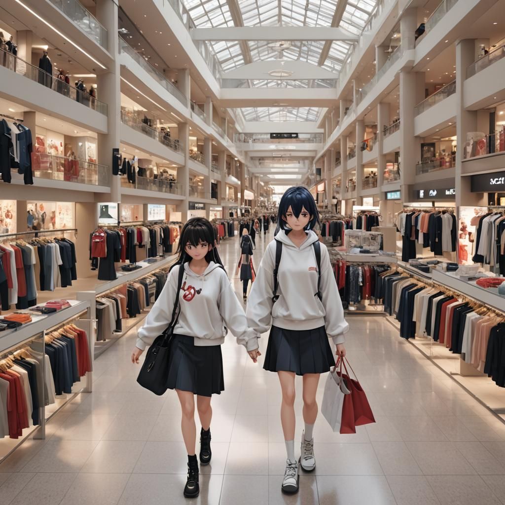 a anime girl walking in a mall shopping