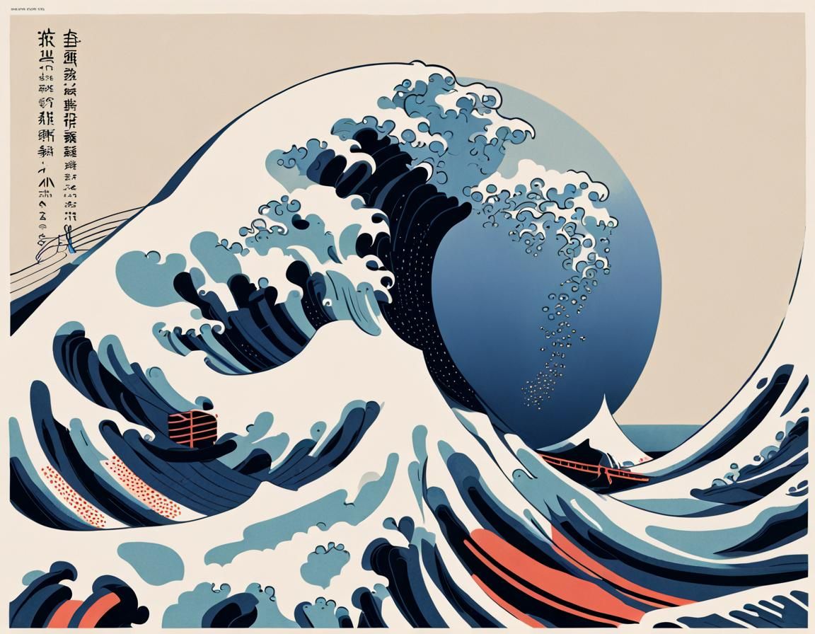 art by Massimo Vignelli and Paul Rand, the Great Wave off Kanagawa transforming into NETWORK GRAPHS, digital information...