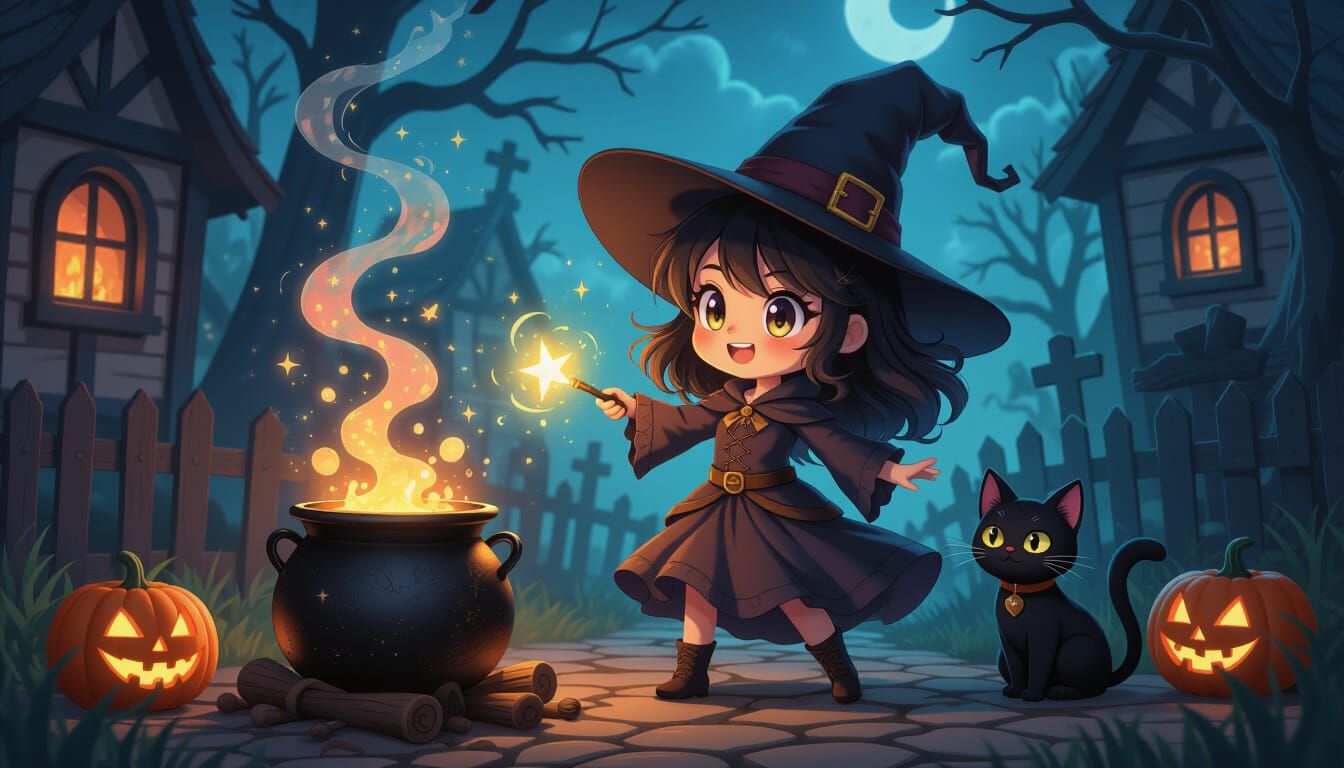 Chibi Manga Witch Casting Spells with Magic Cauldron