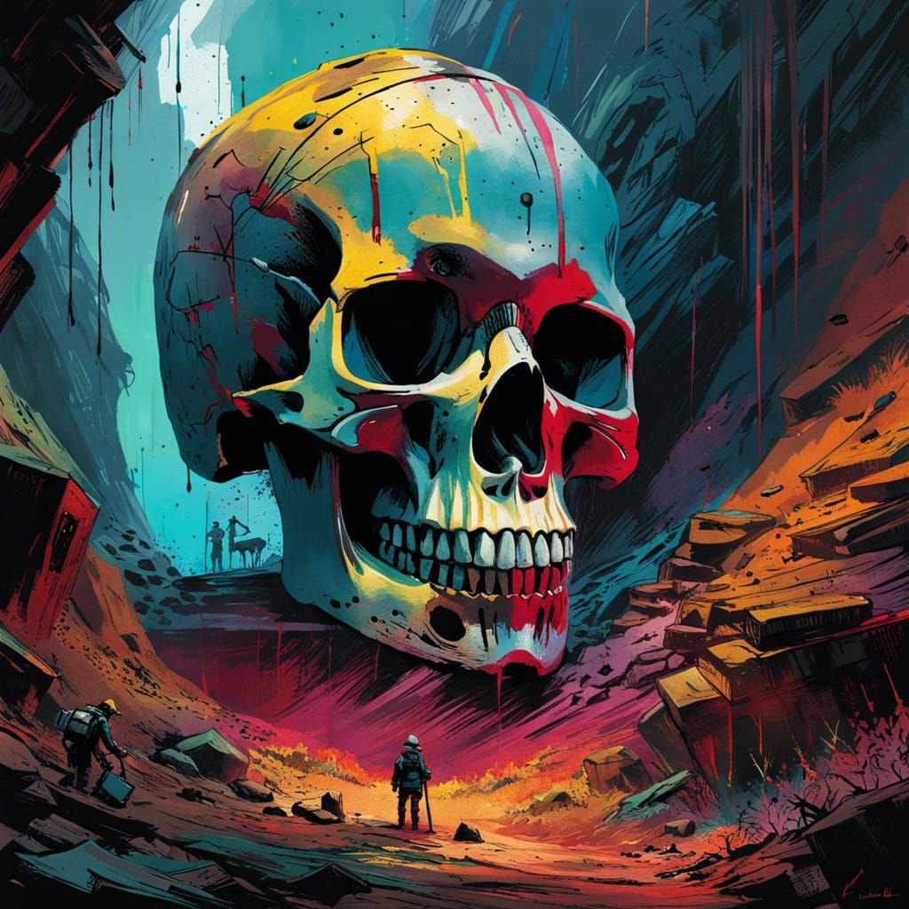 Archaeological Dig Site Skull: Impasto Acrylic Painting