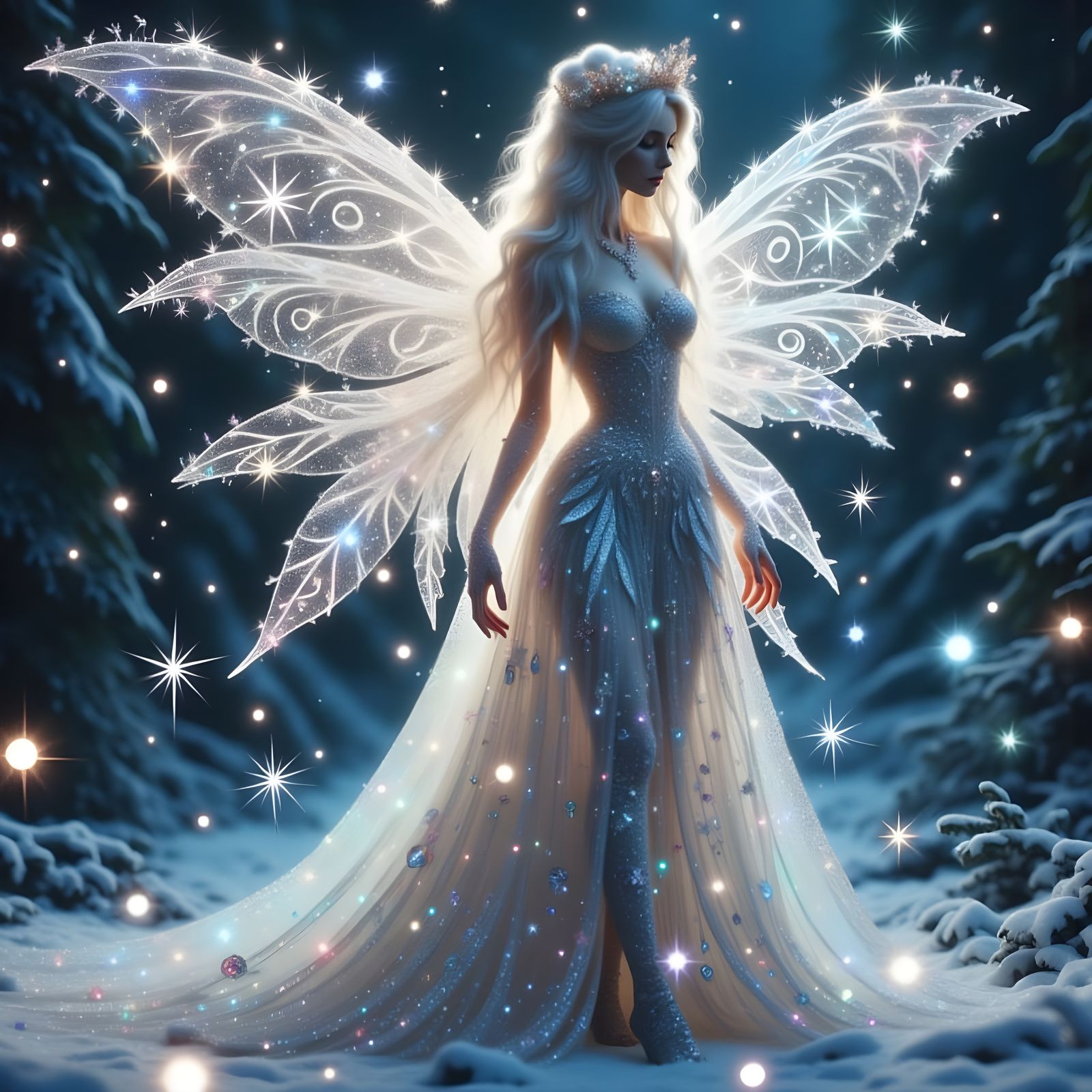 Elegant Winter Fairy in Snowy Forest