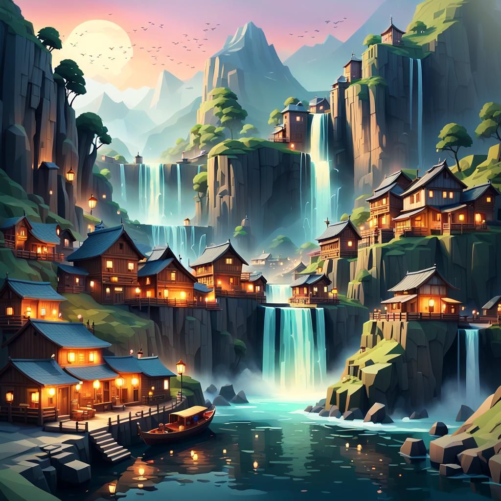 Pixelated Village Beside Colossal Waterfall in Low-Poly Art