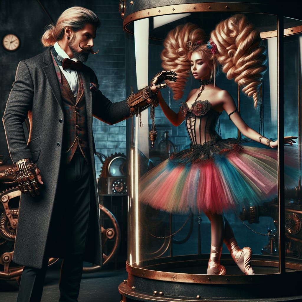 Steampunk Scientist and Captive Ballerina in Laboratory