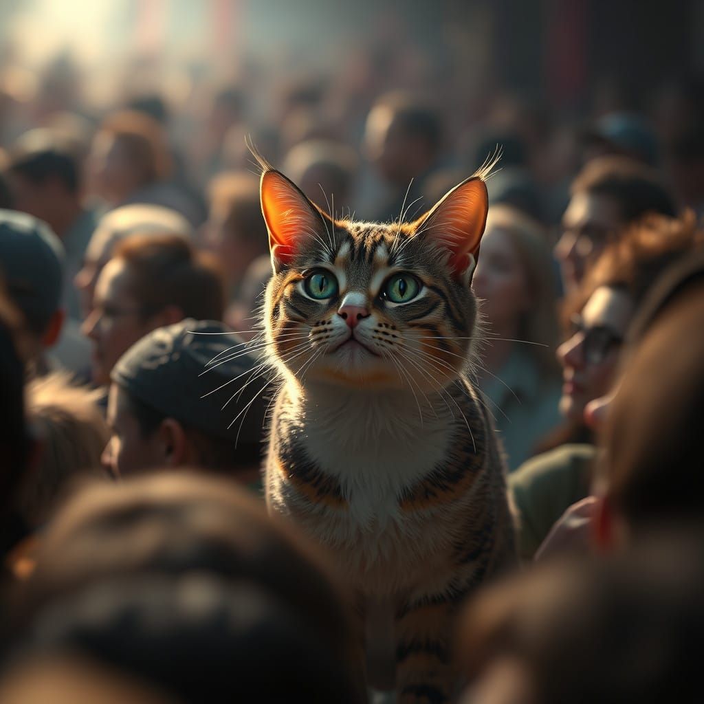 Fantastical Crowd Scene with a Majestic Feline Figure