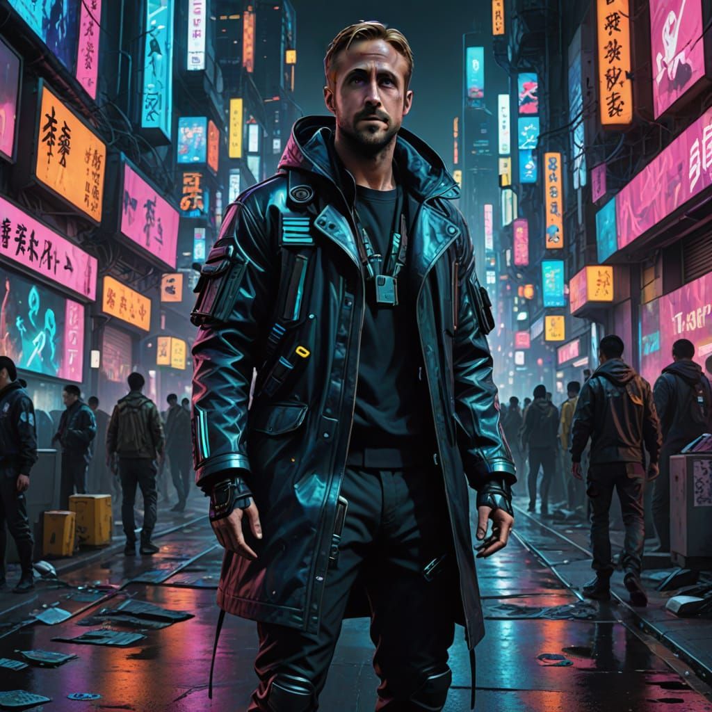 Ryan Gosling in Cyberpunk Neo-Tokyo, Gothic Horror Style