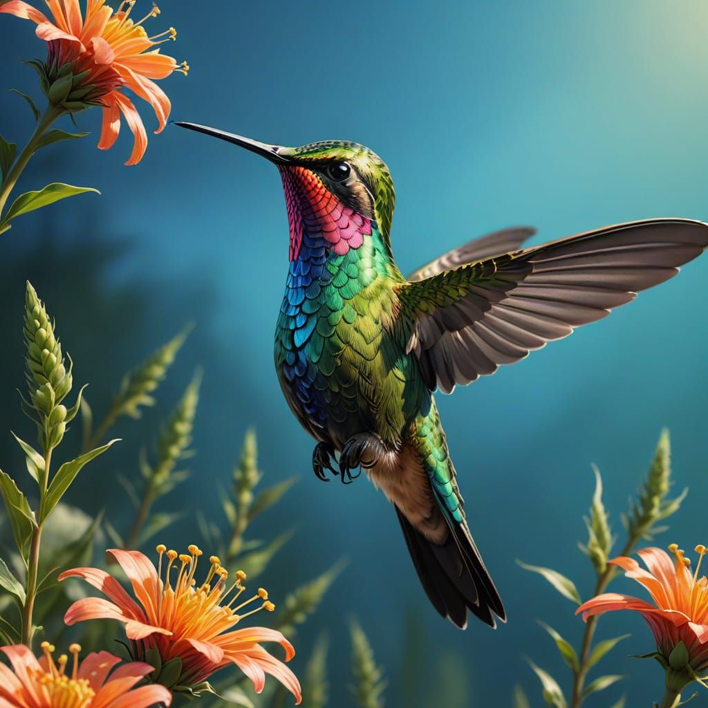 Hyper-Realistic Hummingbird in Vibrant Bloom