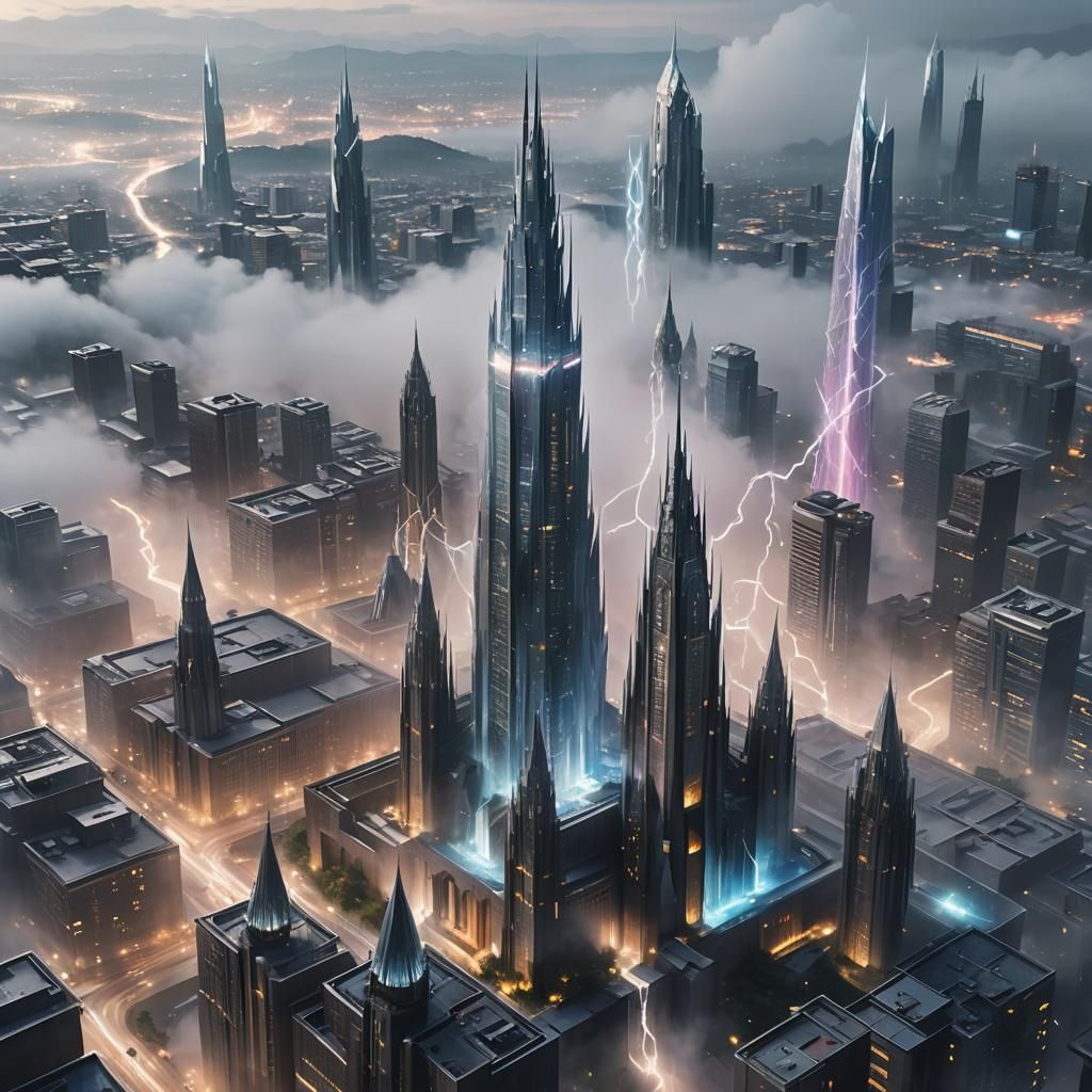Magical City with Prismatic Wizard Spires in Renaissance Sty...