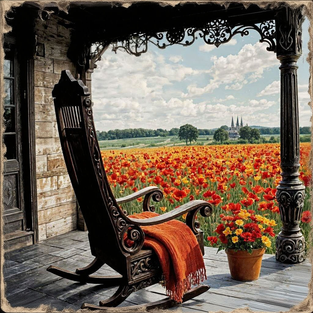 Antique Oak Rocking Chair Overlooking Poppy Fields as Mixed ...