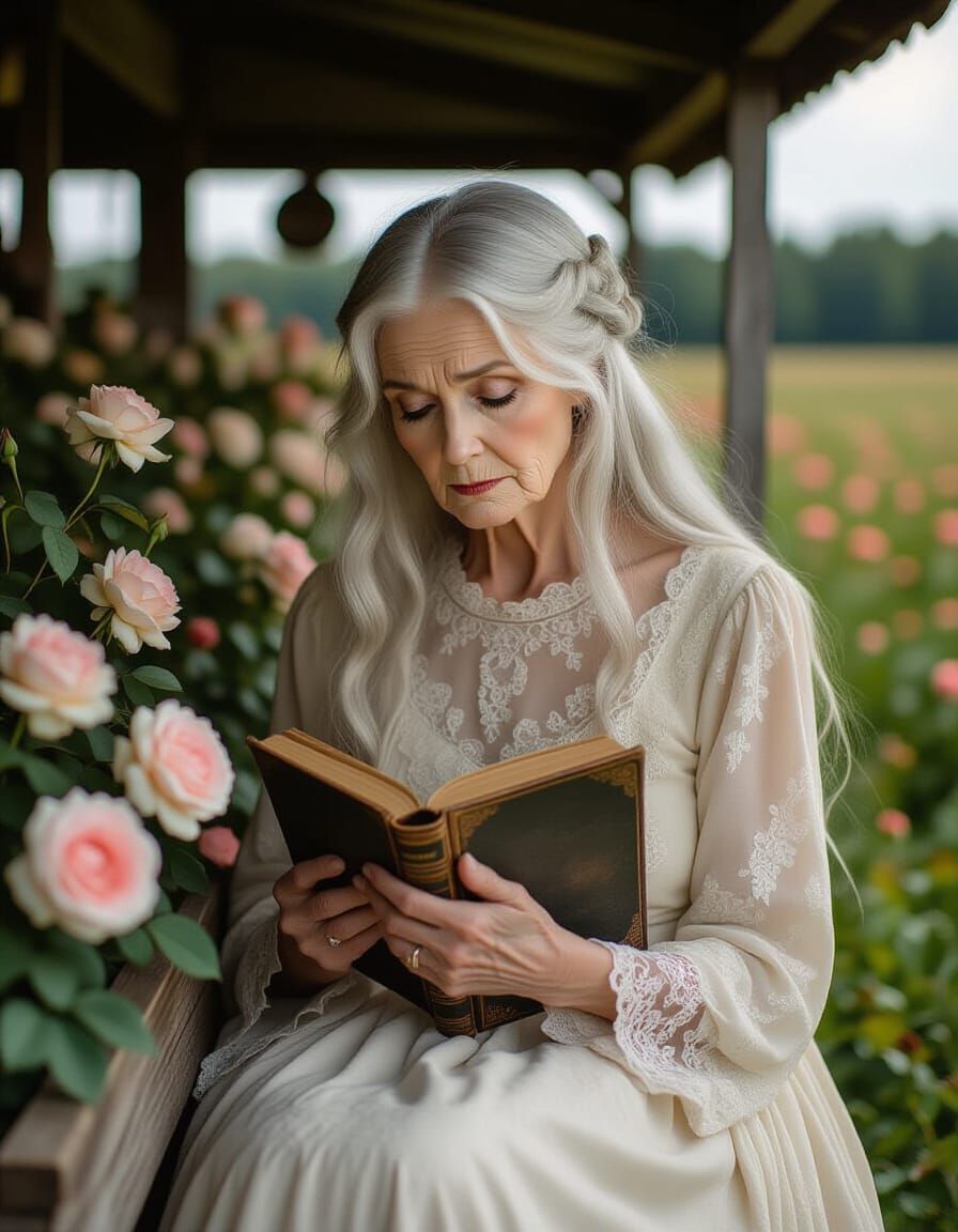 Melancholic Woman at Vintage Rose Farmstand