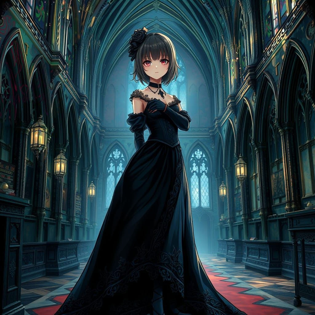 Anime Girl in Dark Castle in Gothic Style