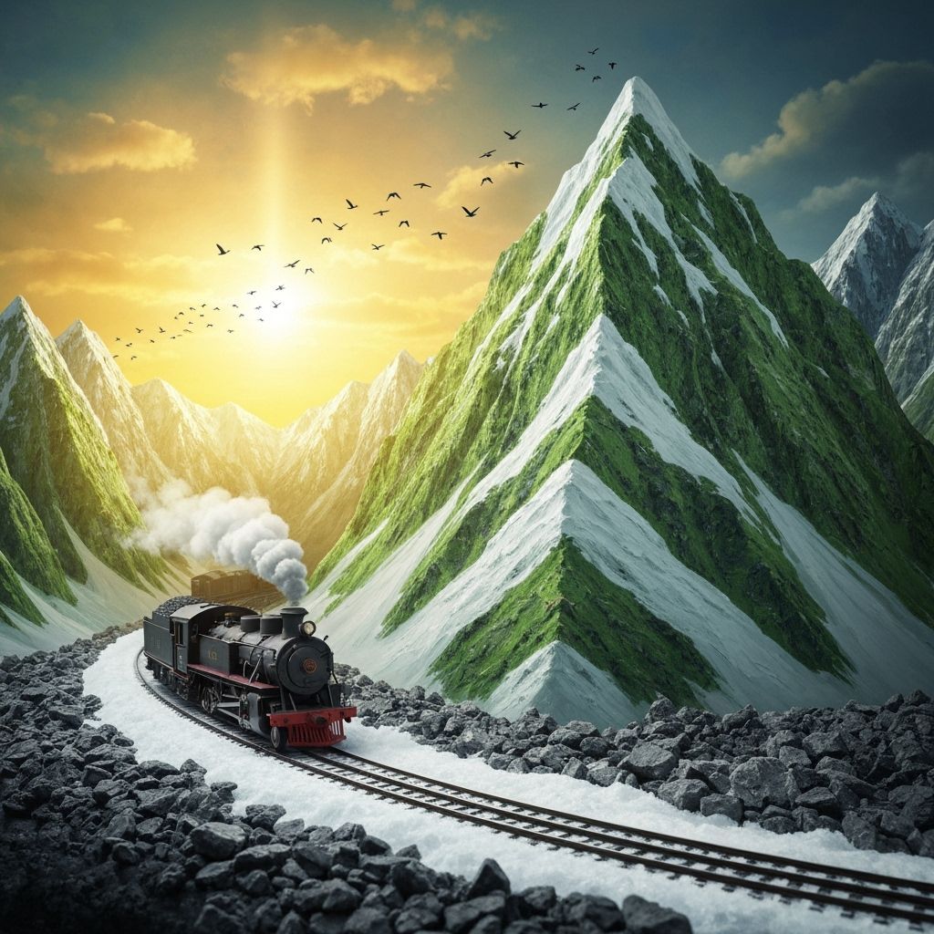 Miniature Snowy Mountain Landscape with Steam Train at Sunse...
