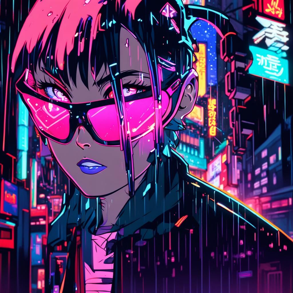 Neon Anime Girl in Rainy Tokyo Alleyway