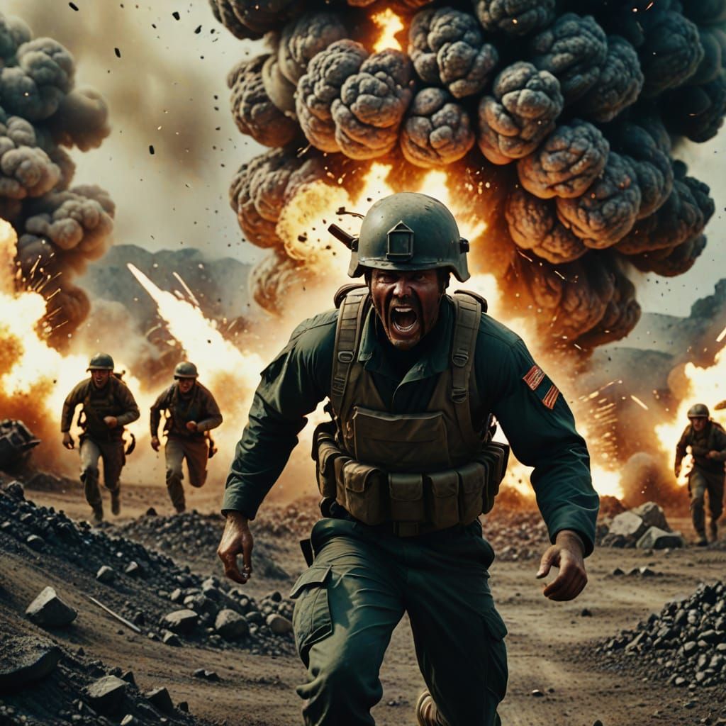 Hyperrealistic Soldier Runs Through Exploding Minefield