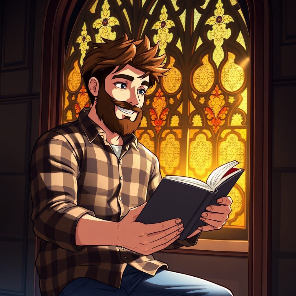 Man Reading by Stained Glass in Anime Style