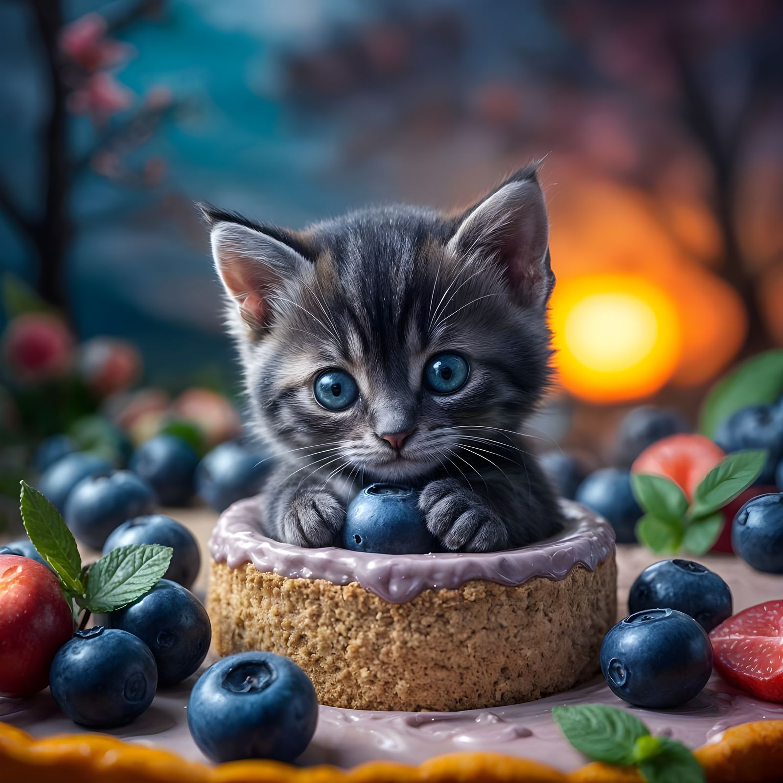 Cute Blueberry Kitten in a Magical Fruit Landscape