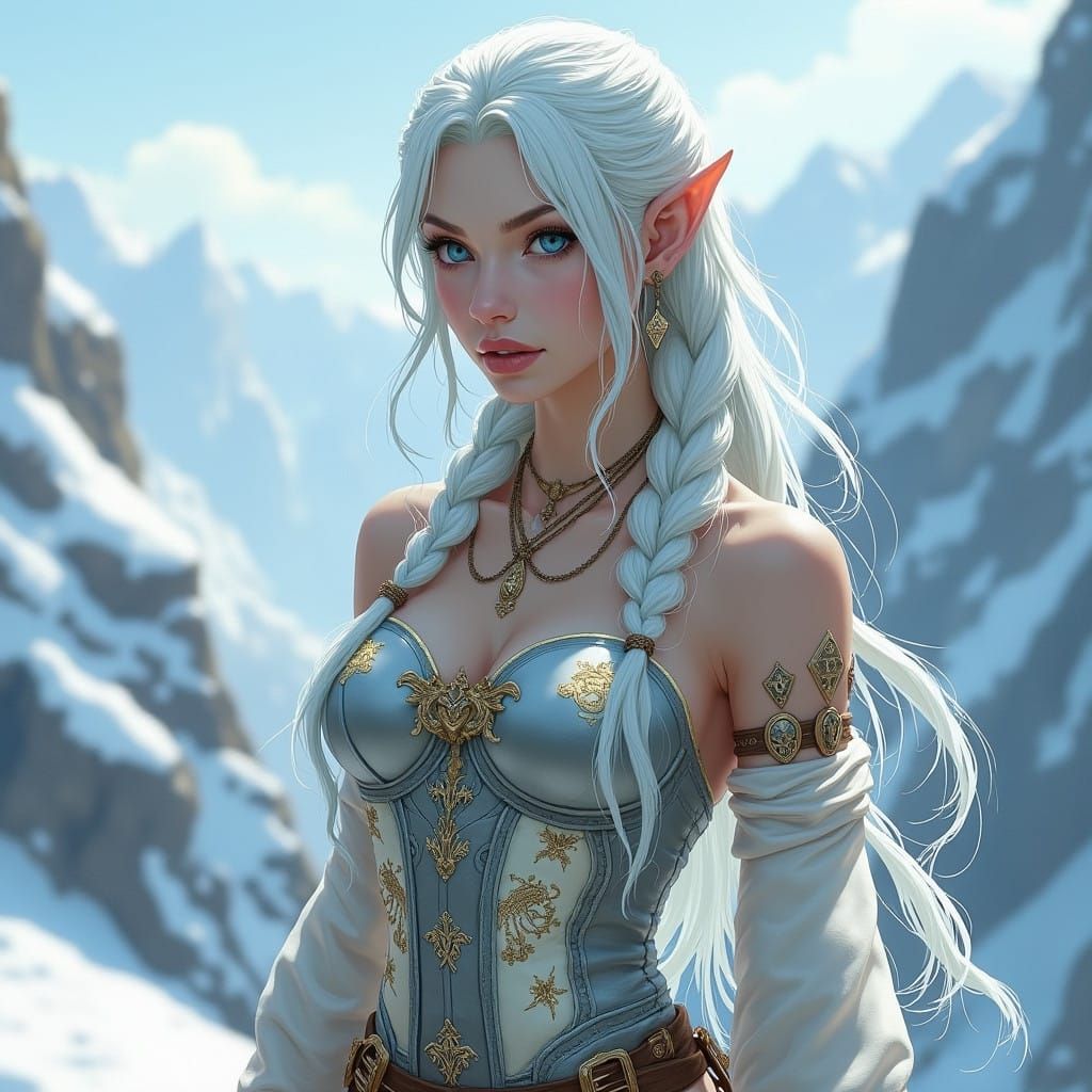 Pale Blue Elf Maiden in Snowy Alpine Valley