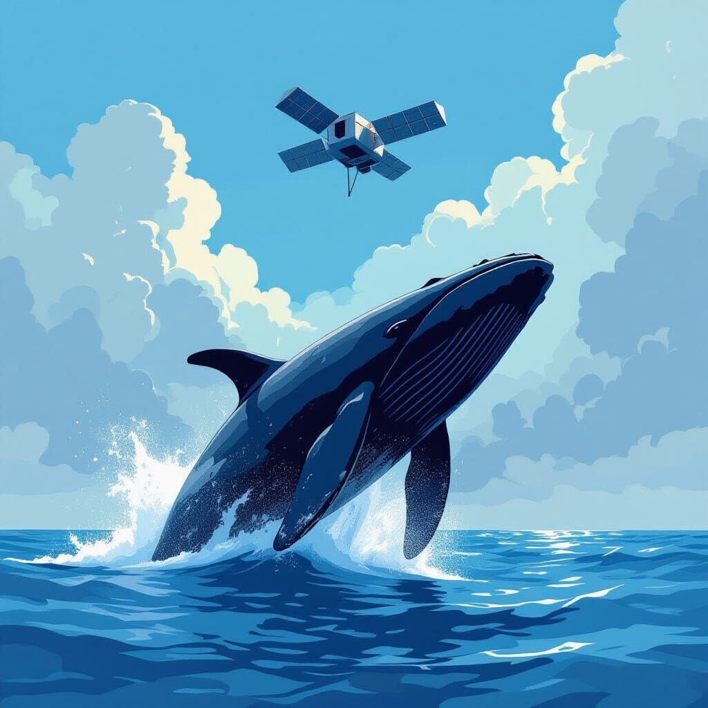 Whale Breaching Near Satellite in Blue and Grey