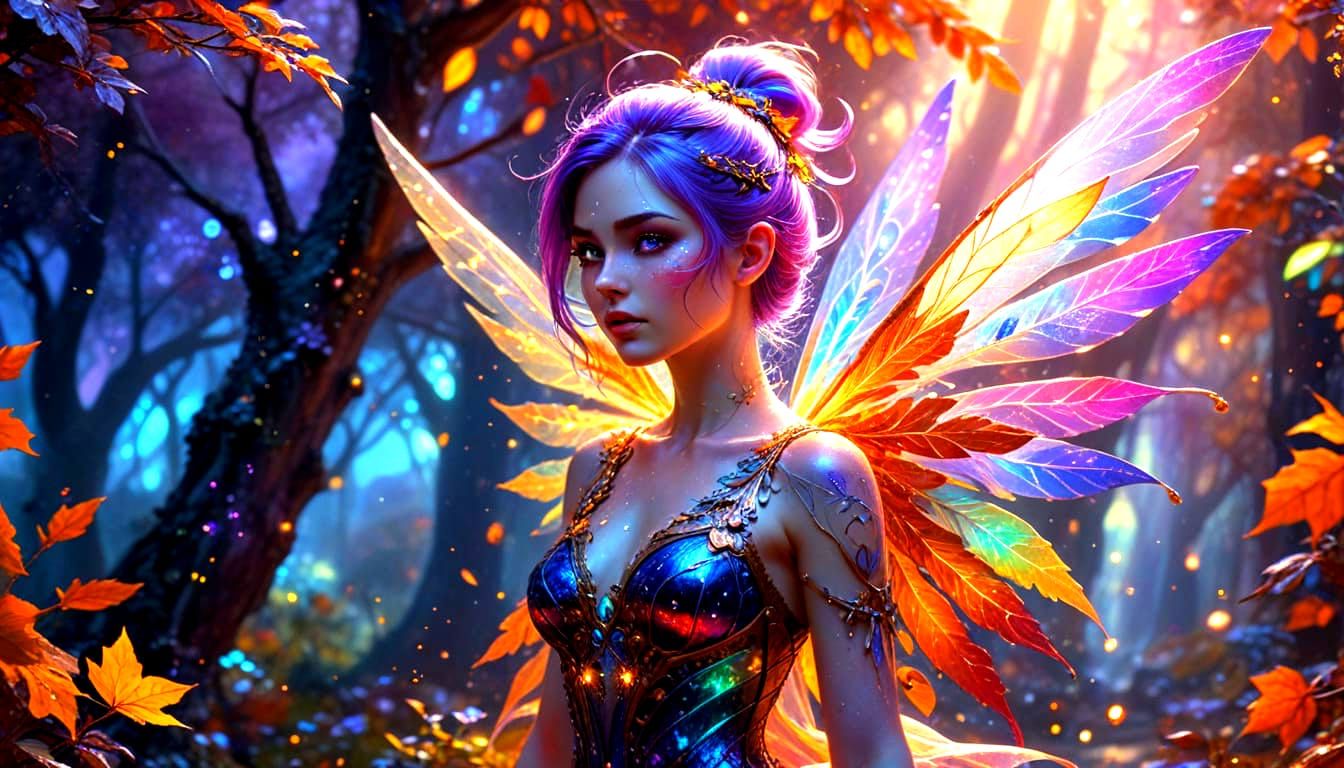 Cosmic Fairy with Rainbow Hair and Autumn Dress