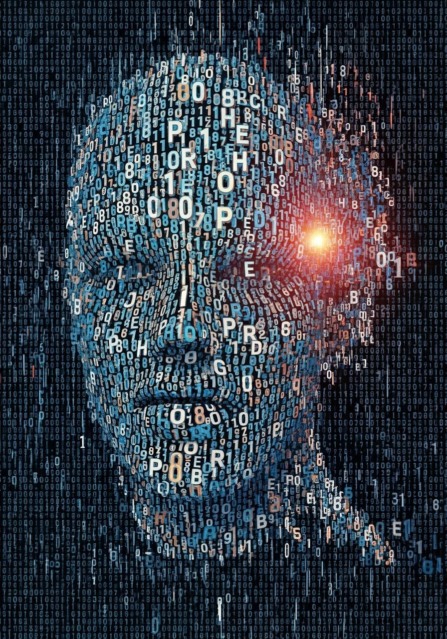 Glitch Face in Binary Code Vortex