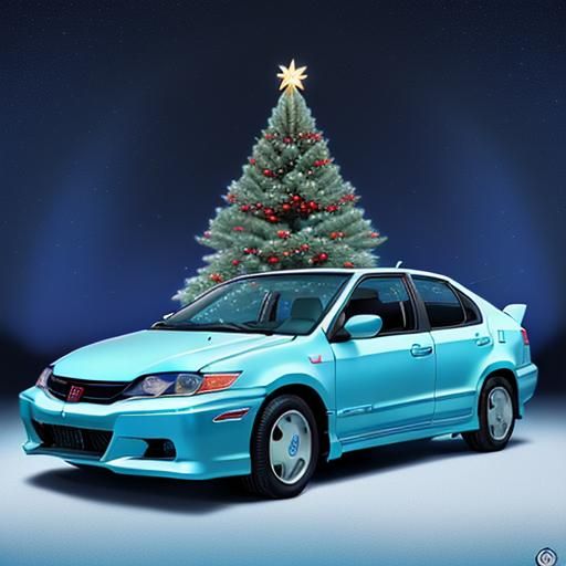 Vaporwave Christmas Card with Honda Civic and Sculpture