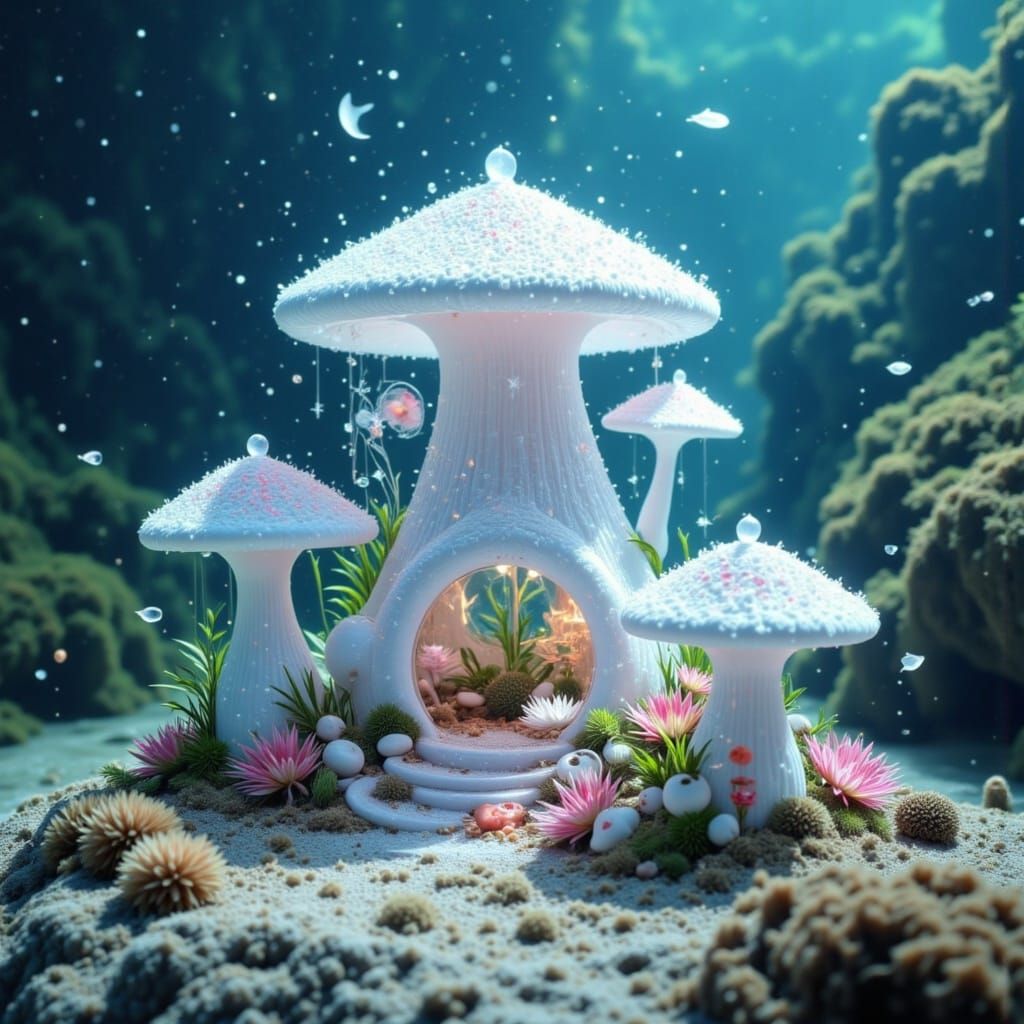 Underwater Crystal Toadstool Houses: Ornate Glass Photograph...