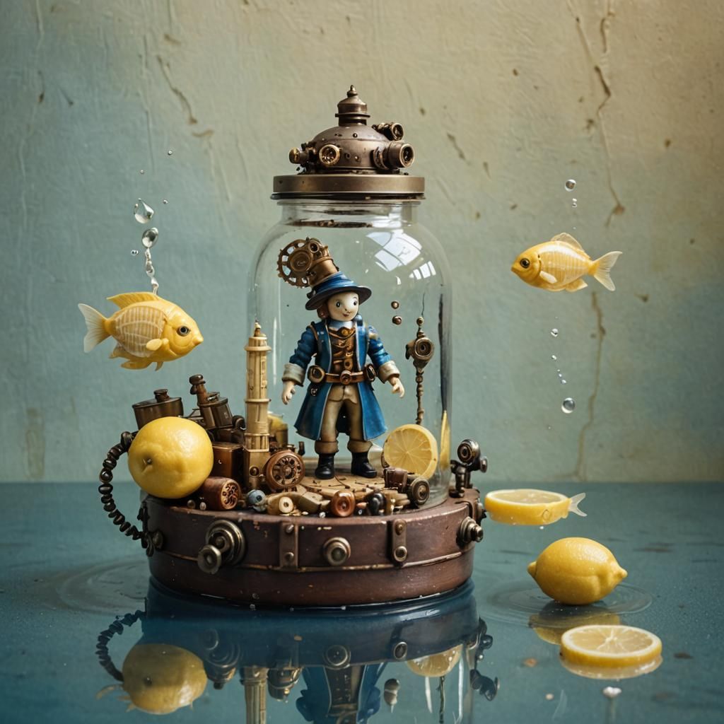 Steampunk Android Toy in Lemonade Jar, Vermeer Style