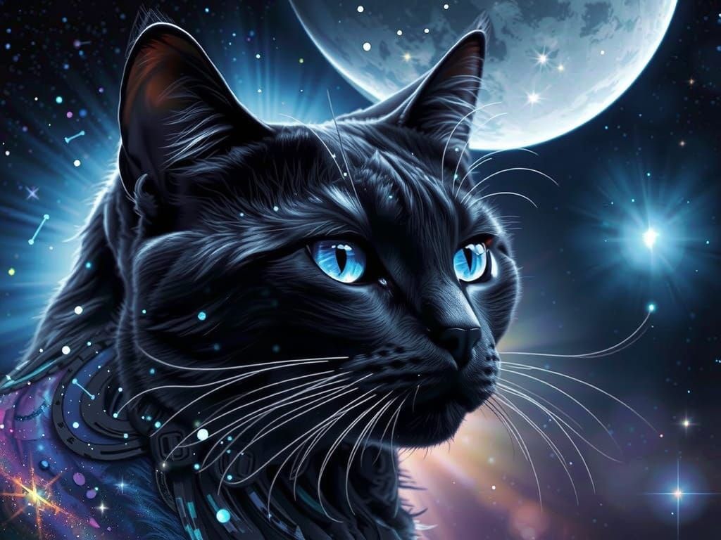Ethereal Holographic Cat Under Blue Moonlight