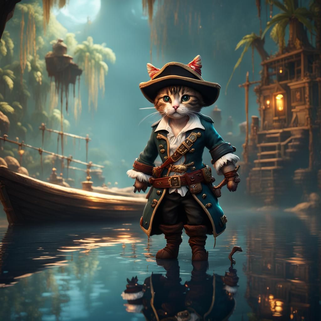 Pirate Cat Contemplates Reflection: Fantasy Concept Art