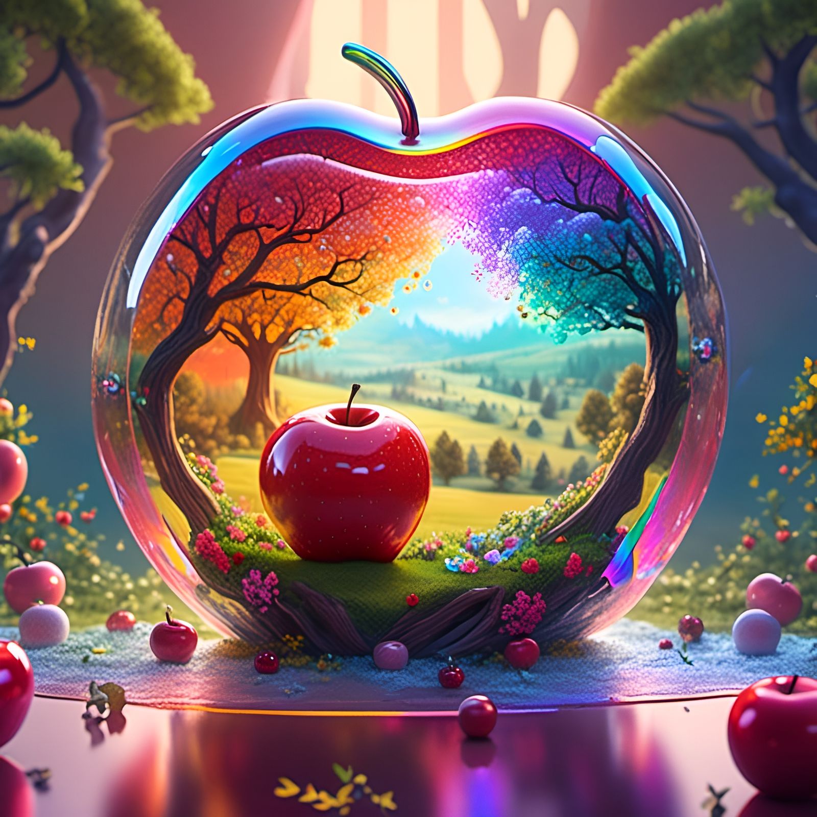 Rainbow Glass Apple Fairytale Scene in Fantasy Art