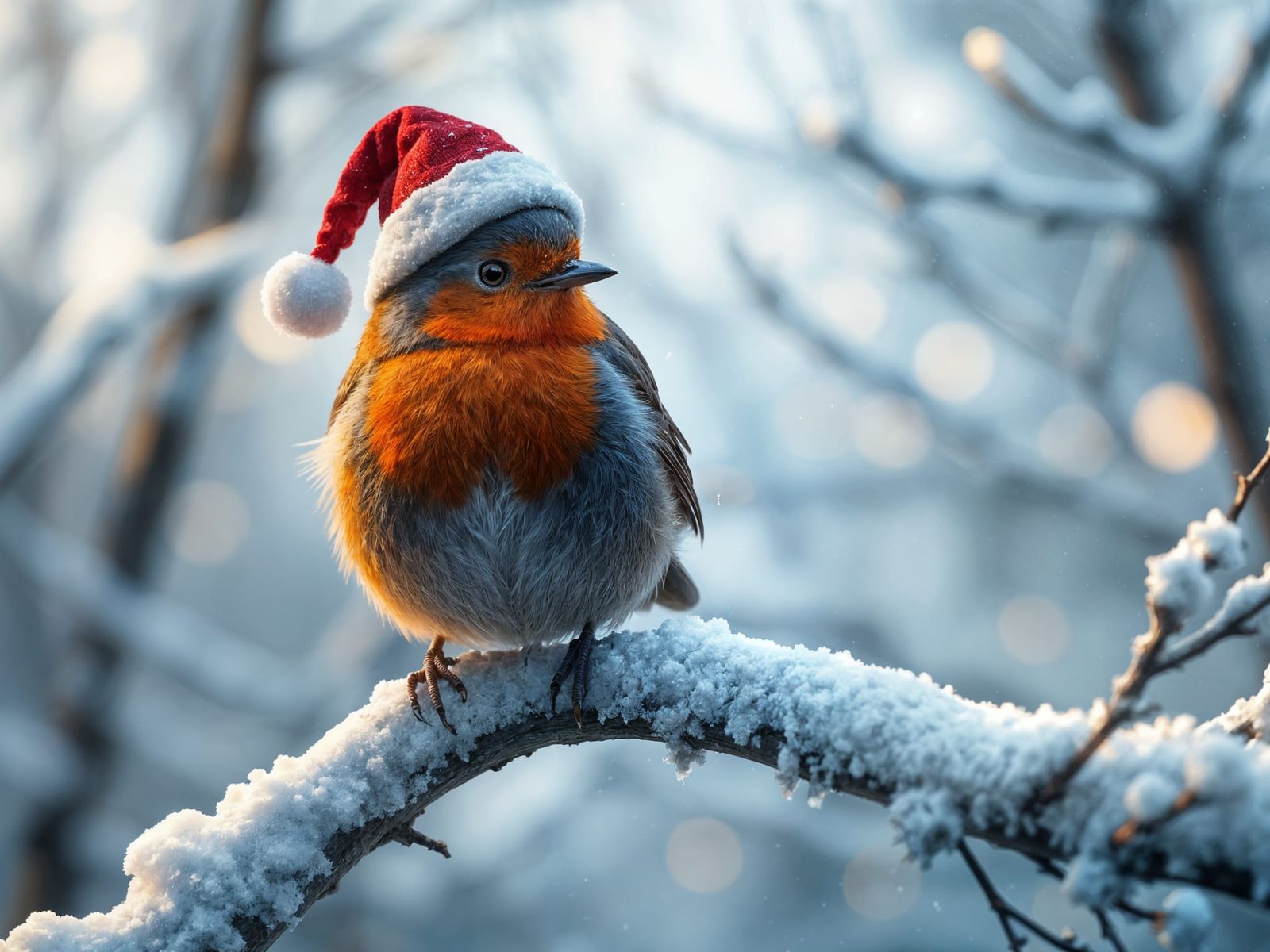 Robin in Winter Hat on Snowy Branch