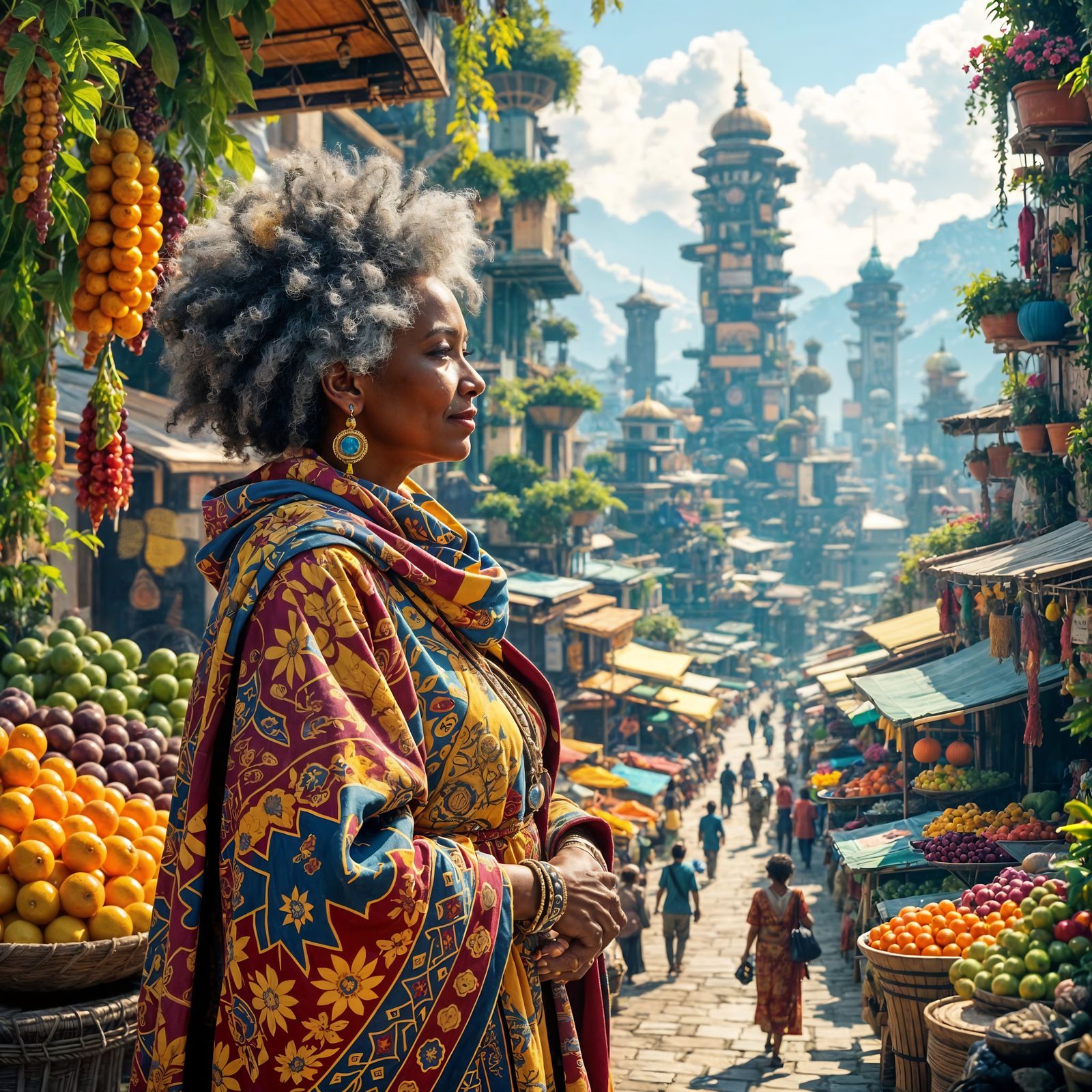 Afrofuturist Elder in Solarpunk City, Digital Matte Painting
