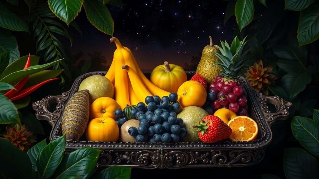 Glowing Exotic Fruits in Jungle Night, Surreal Art