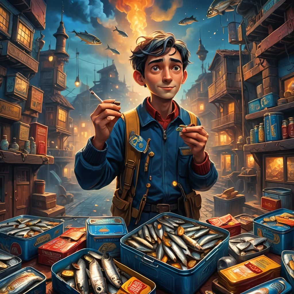 Cartoon Character Smoking with Sardines, Detailed Matte Pain...