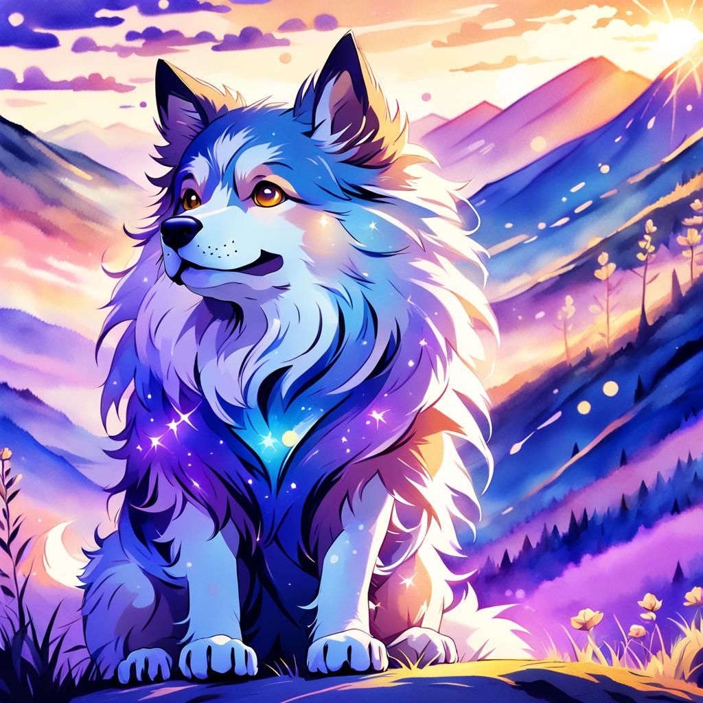 Anime Dog Overlooking Sunset Valley in Watercolor