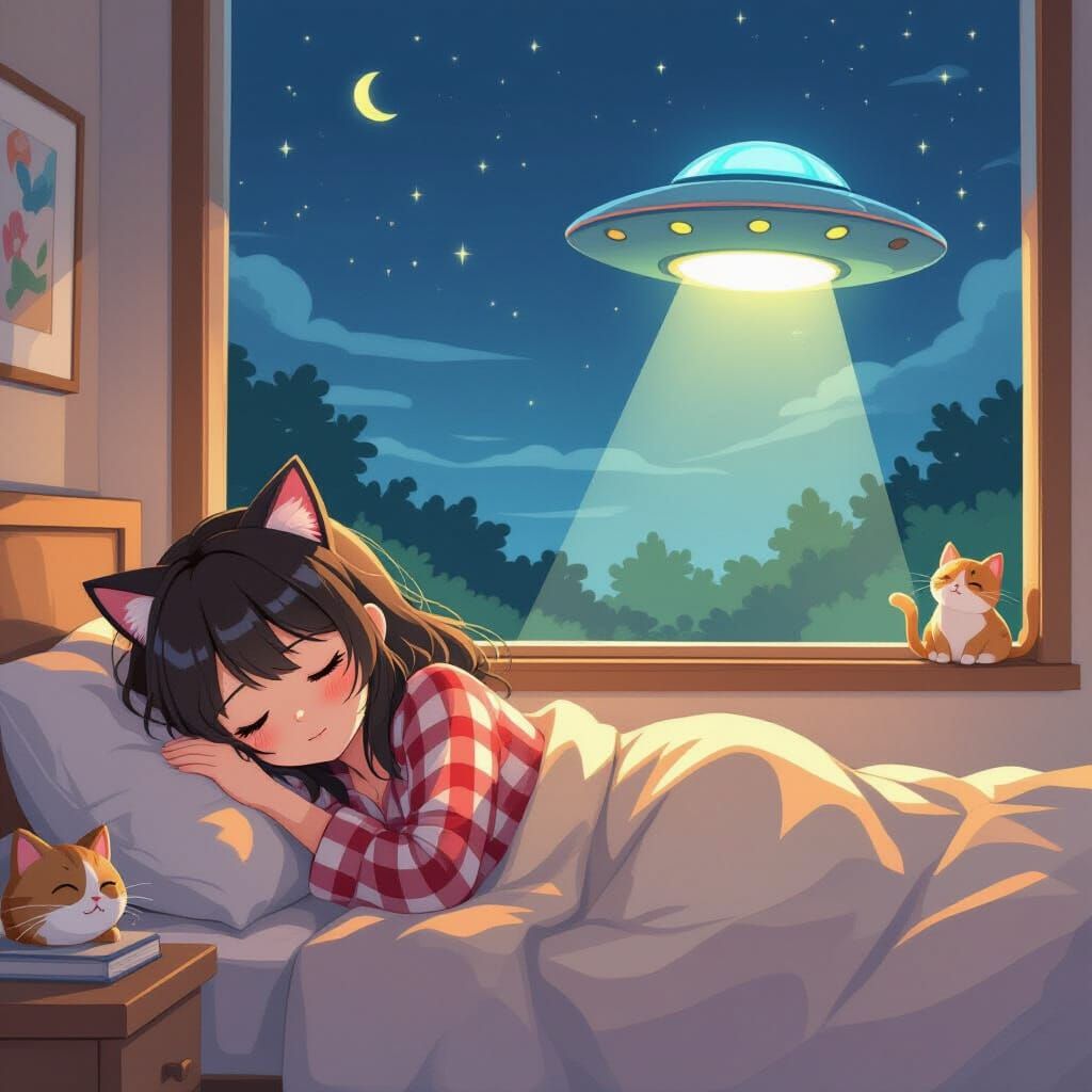 Girl with Cat Ears Sleeps: Surreal Flat Illustration
