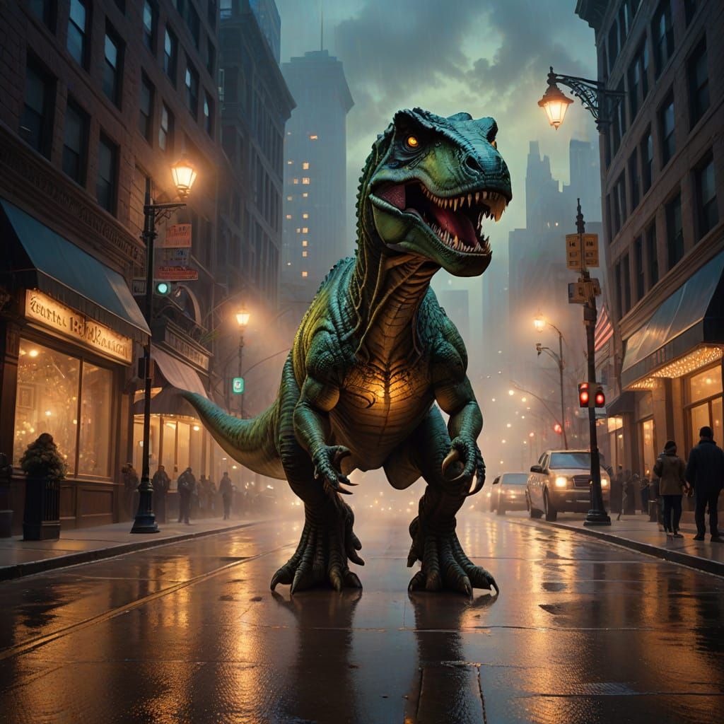 T-Rex Prowls Chicago Streets in Fantasy Style