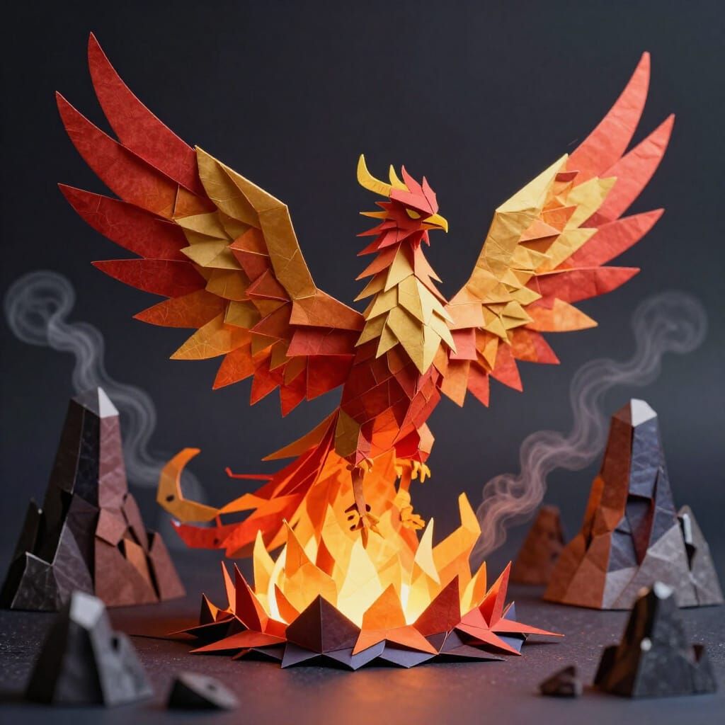 Majestic Origami Phoenix Rises from Embers