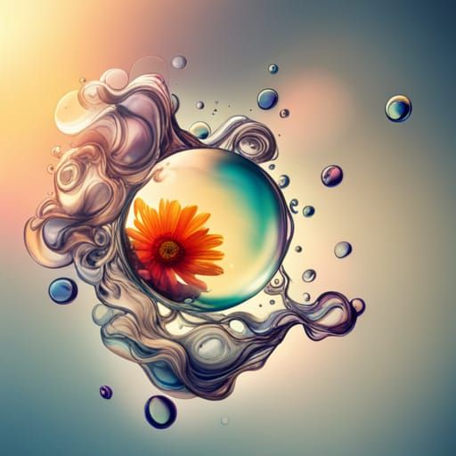 Hyperrealistic Bubbles with Flowers in Sky