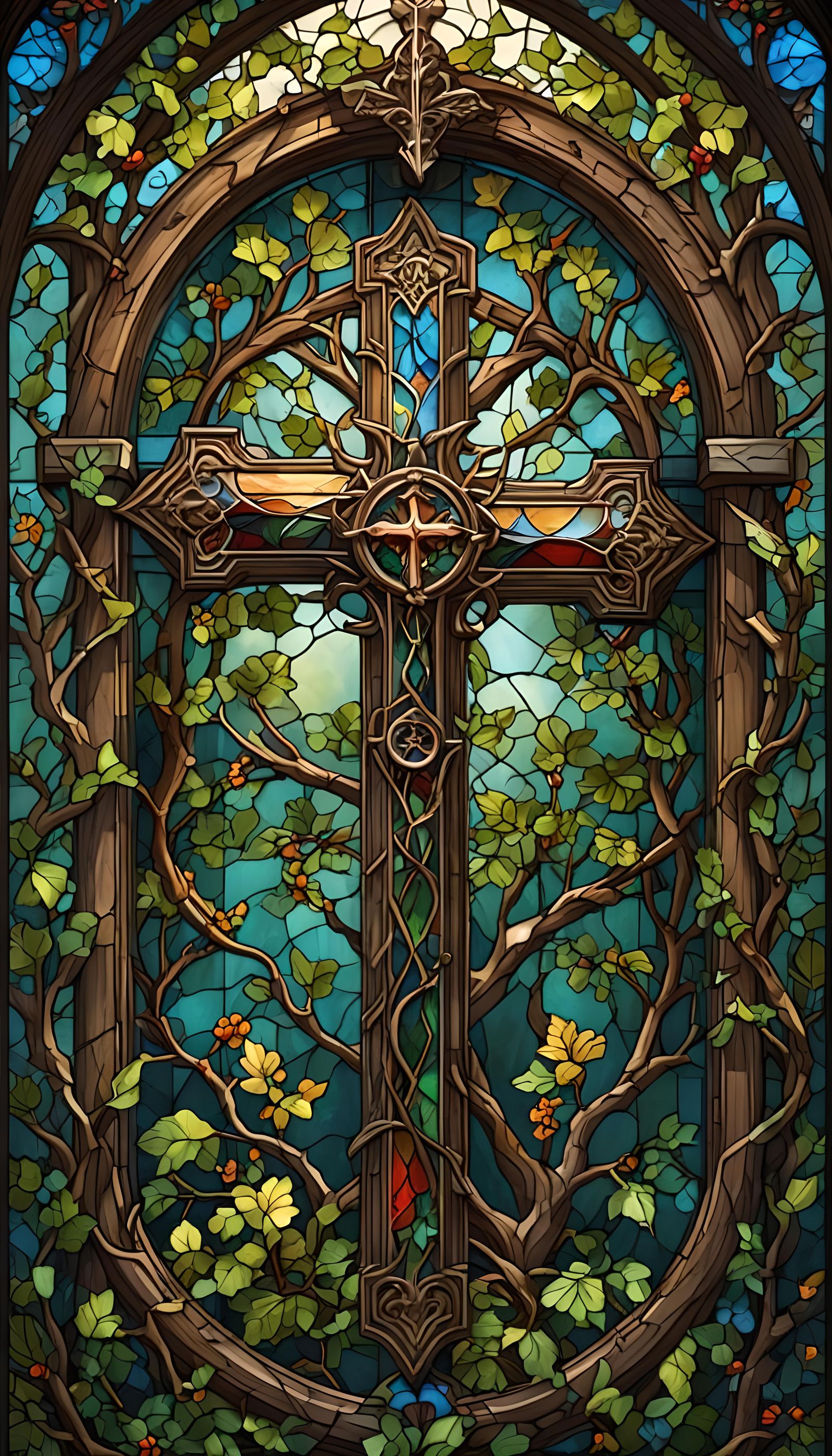 Northern Style Stained Glass Cross with Oak Leaf Design