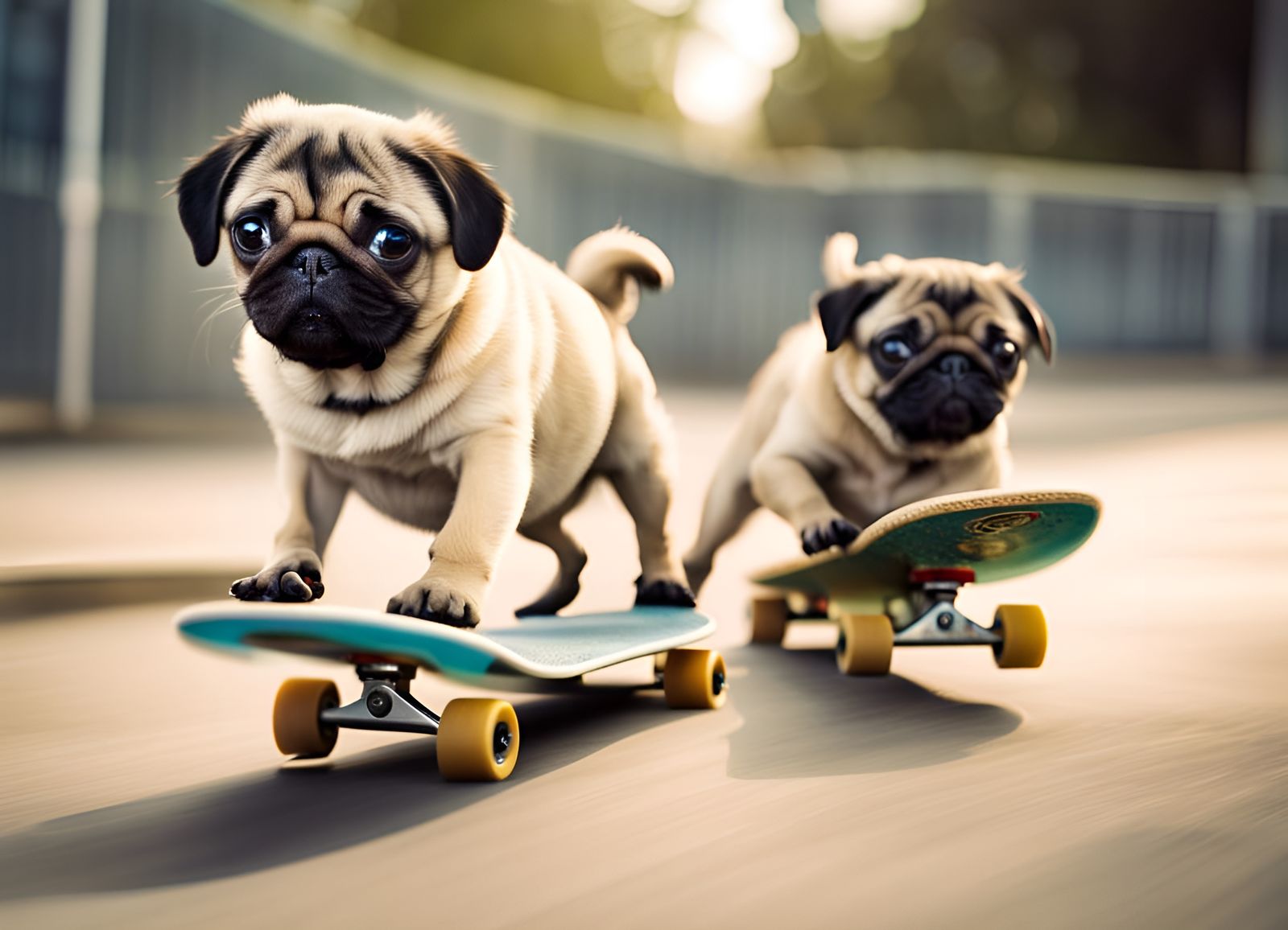 Pug Puppies Skateboarding in an Urban Skate Park
