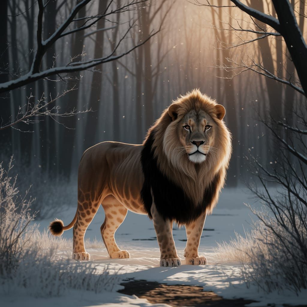 Majestic Lion in Winter Forest at Sunset