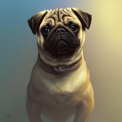 Hyperdetailed Pug Portrait by Rutkowski, Artgerm, and Mucha