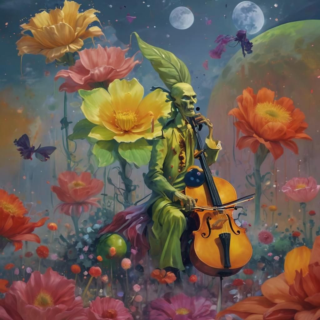 Surreal Dreamlike Garden with Cellist, Abstract Art