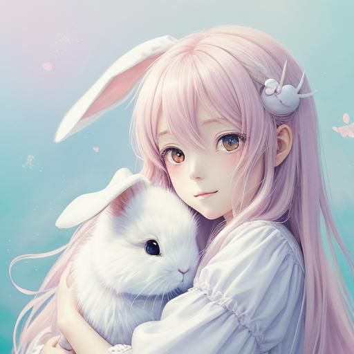 Heartwarming Anime Girl Hugging Bunny in Pastel Colors