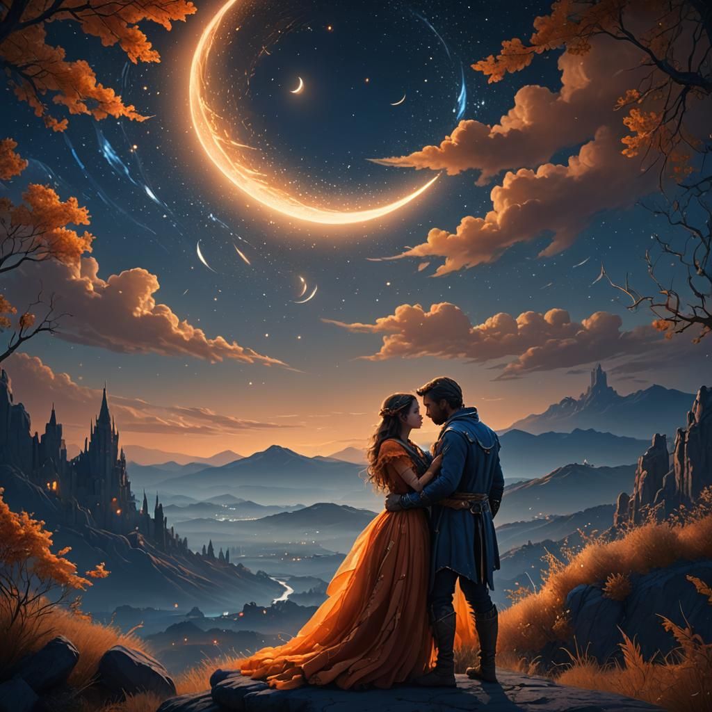 Romantic Couple Embrace Under Starry Sky