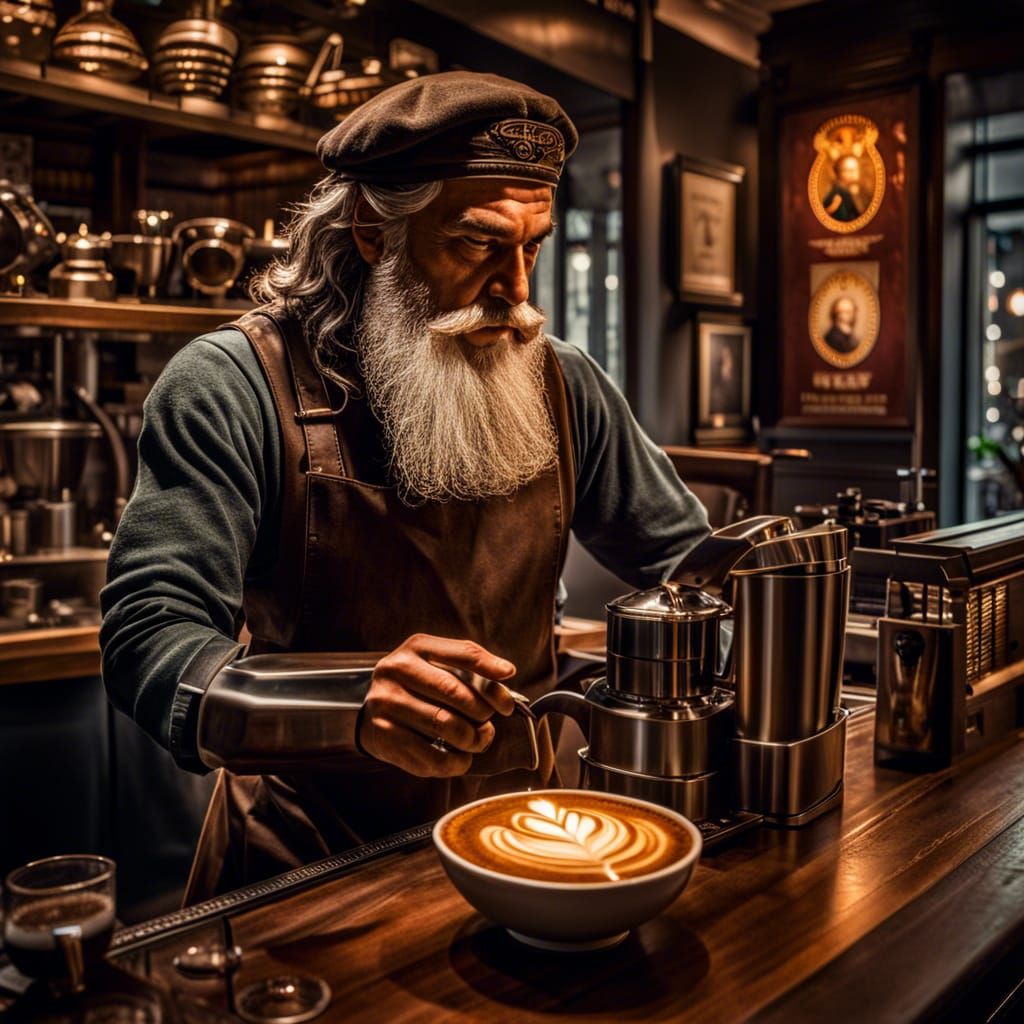 Da Vinci as Barista in Hyperrealistic Coffee Shop