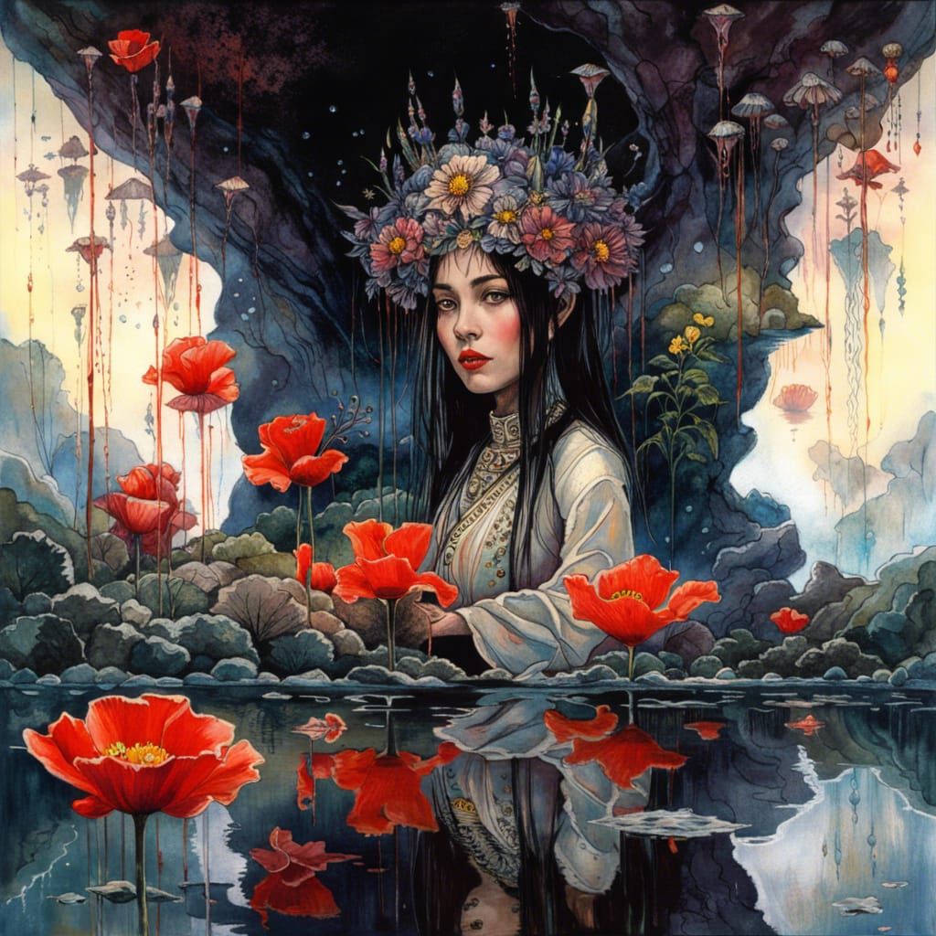 Ornate Japanese Princess Reflecting in Crystal Cave Pond